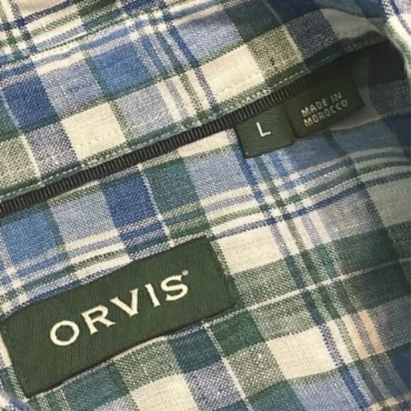 Orvis 100% Linen Button Down Shirt Men’s Sz L Plaid Tropical Beach Resort Pool - Picture 3 of 8